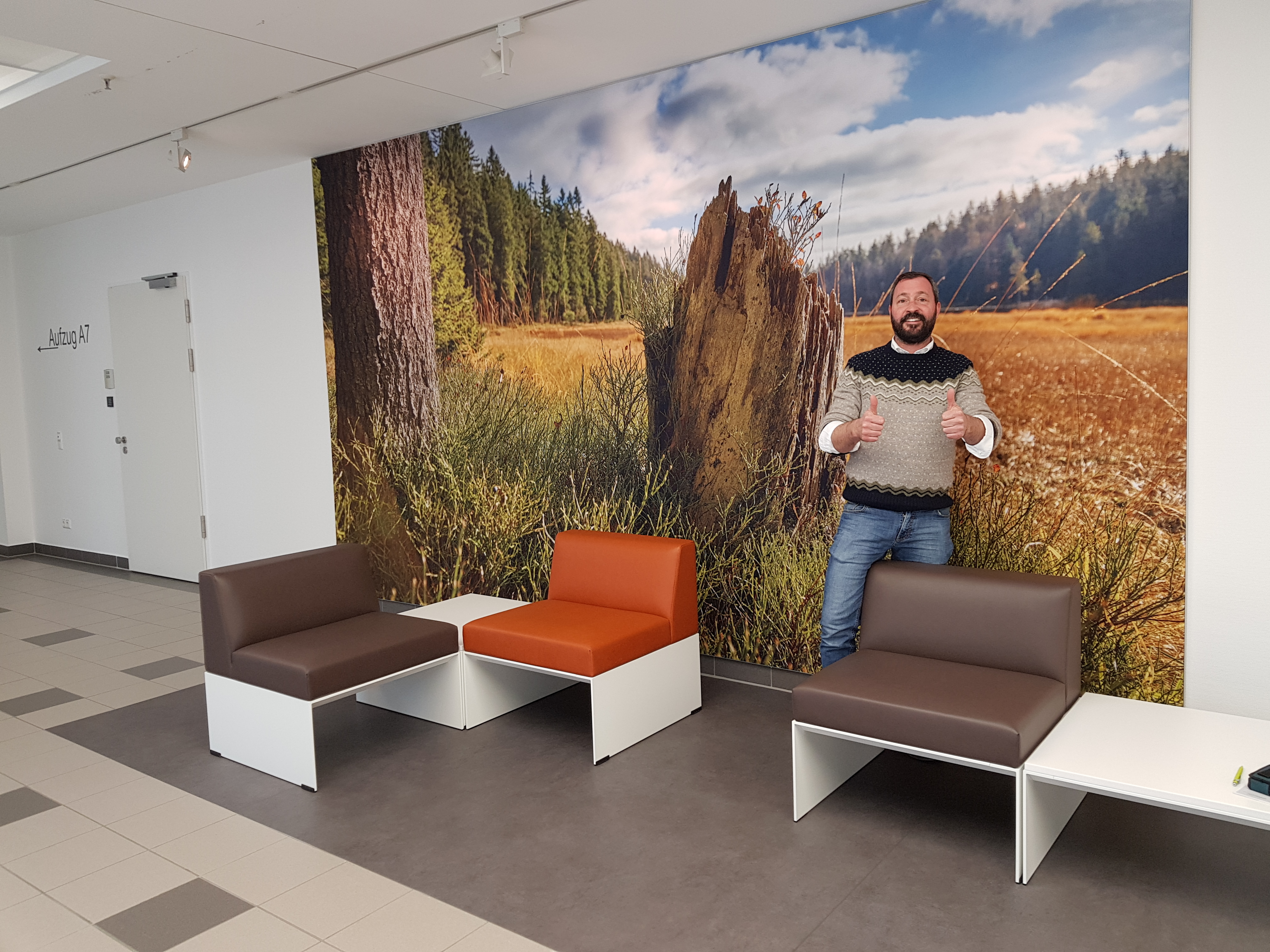 Stoffbespannung Klinikum Passau, dekoratives Wandbild, tension frame, decorative fabric